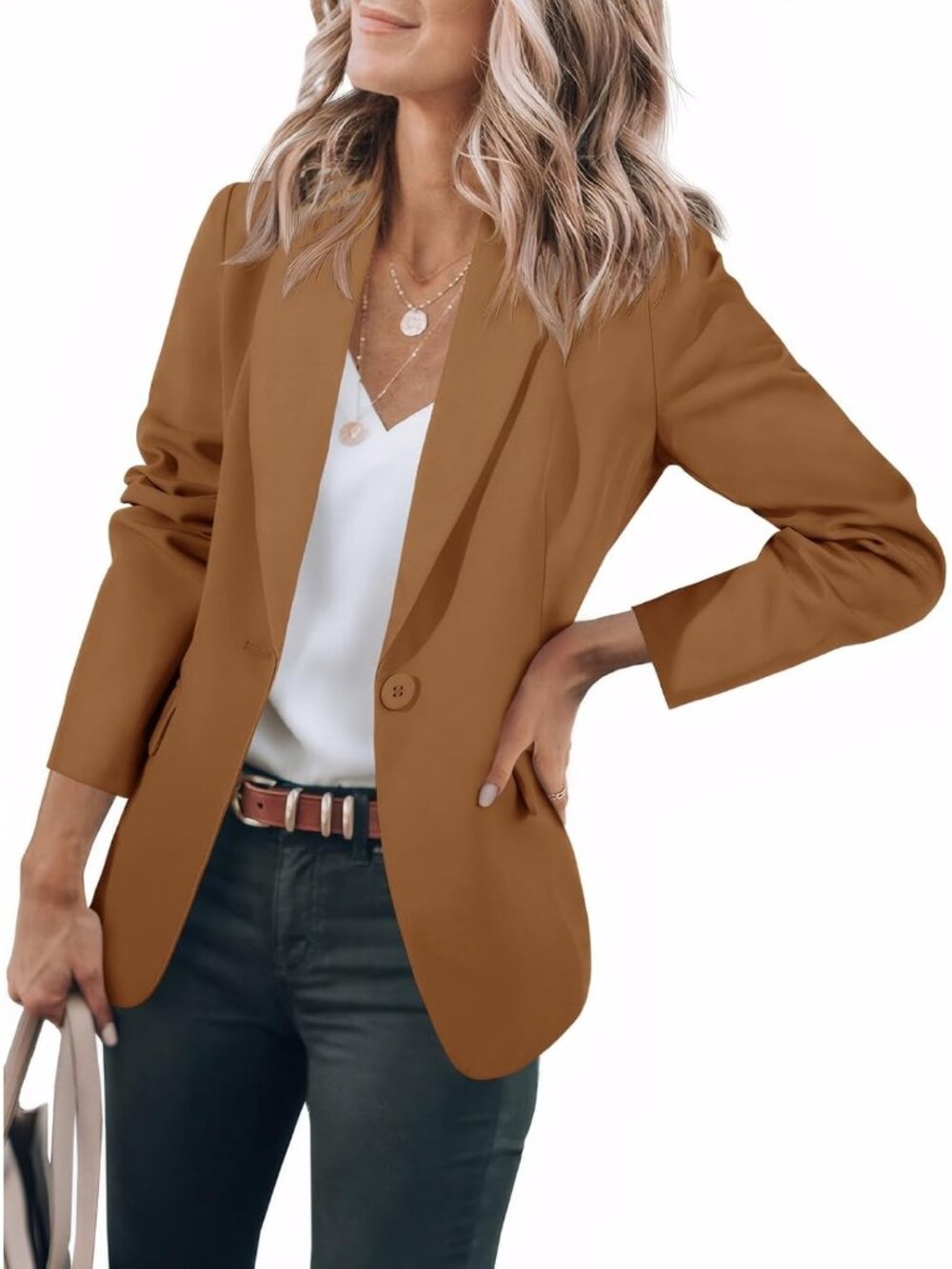 🆕Women's Brown Casual Notch Lapel Work Office Business Blazer Suit Jacket